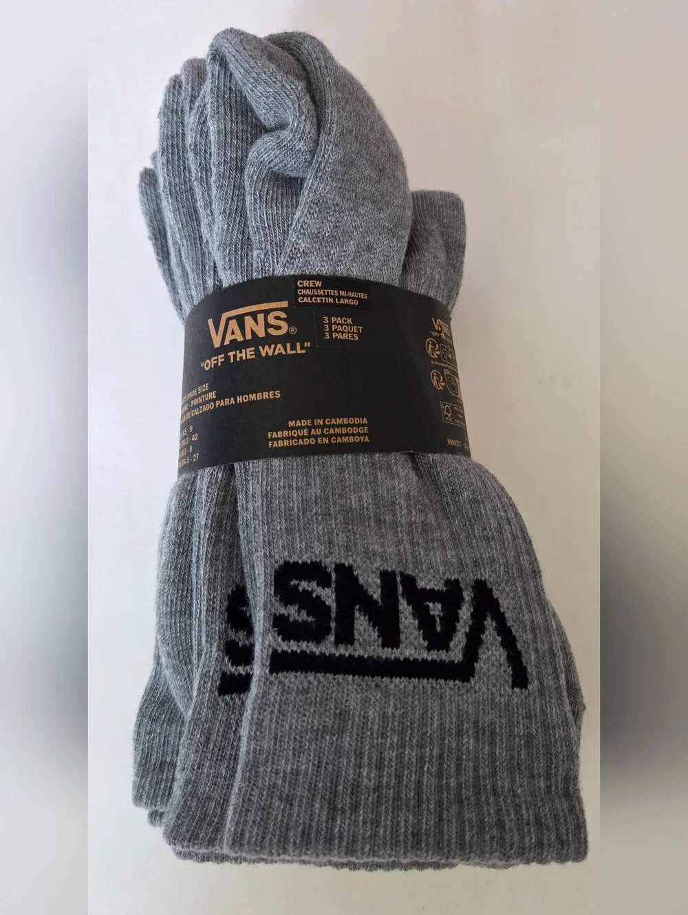 Vans Grey Crew Socks with Black Logo 3 Pack